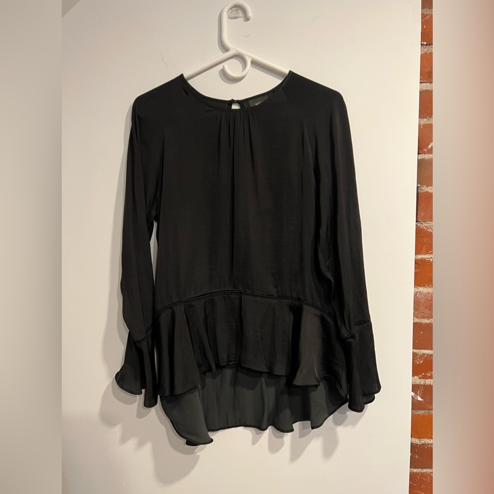 Small long sleeve flowing silky black top, dress up, work casual, date night